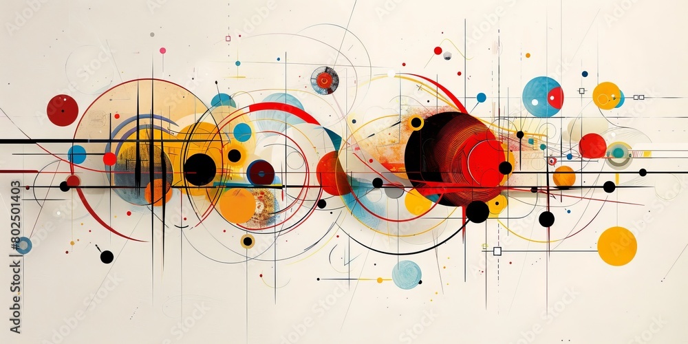 Obraz premium Dynamic abstract art featuring colorful circles and geometric lines on a minimalist white background, expressing motion.