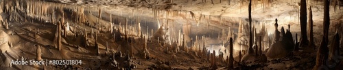 Earth-toned stalactites and stalagmites fill a spacious cave. photo