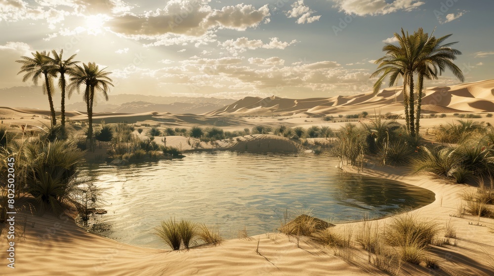 Obraz premium A serene oasis amidst golden sand dunes, with palm trees and a calm pool of water under a sunny sky.