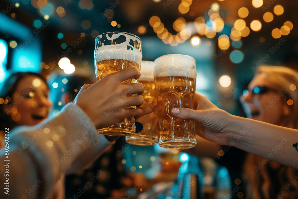 group of people celebrating and doing cheers with a glass of beer in the restaurant