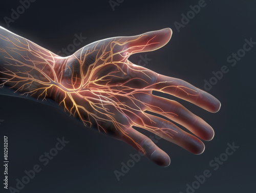 Digital artwork of a human hand displaying intricate nerve structures with an orange glow. © Jan