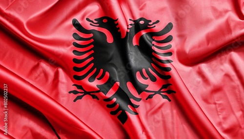 the flag of Albania with pleats with visible satin texture photo