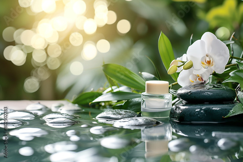 A luxurious face or body cream displayed on sleek wet stones  accompanied by white orchid  creating serene spa setting perfect for promoting skincare and hydration in a natural  sunlit environment