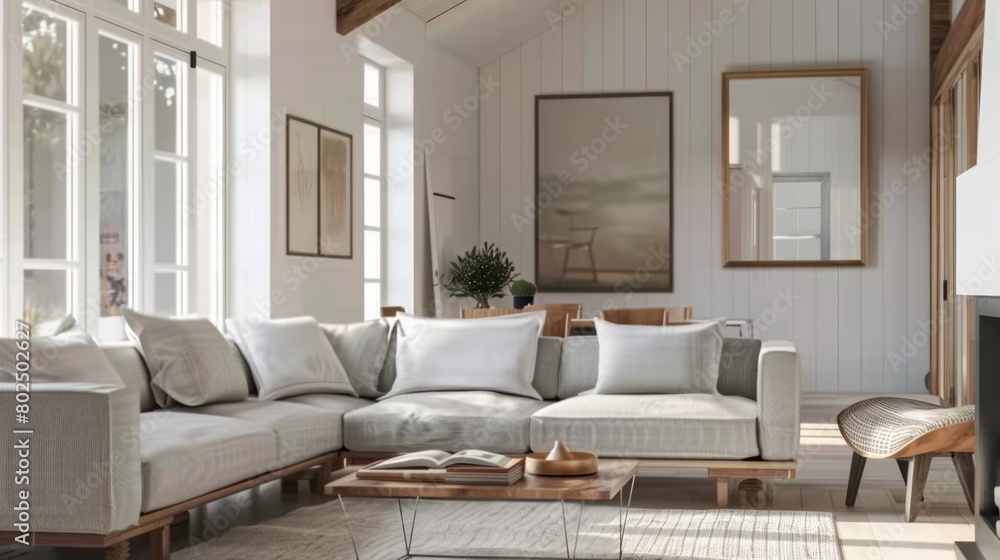 Fototapeta premium frame mockup, farmhouse living room interior, 3D.