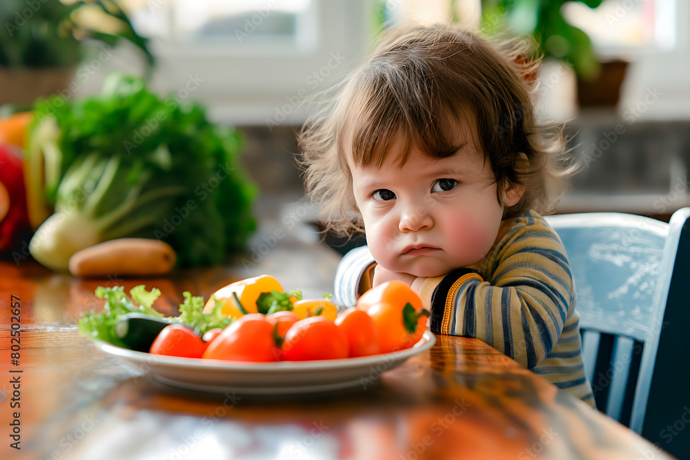 The child is dissatisfied and frowning, sitting in front of a plate of vegetables on the table because he doesn't like to eat salad,suitable for illustrating children's eating problems The child is dissatisfied and frowning, sitting in front of a plate of vegetables on the table because he doesn't like to eat salad,suitable for illustrating children's eating problems