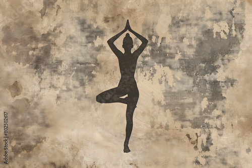 silhouette of a woman practicing yoga on a vintage-style poster against textured paper. A lovely addition to the decor of a serene yoga corner