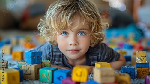 Young Boy Playing with Colorful Building Blocks.