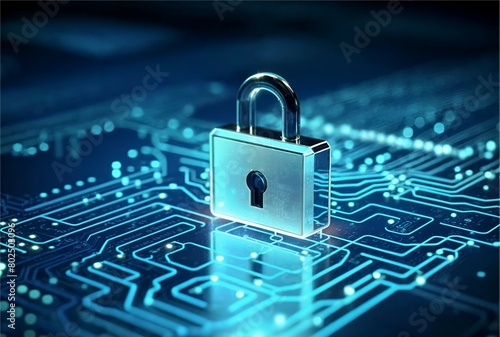 Digital padlock for computing system on dark blue background, cyber security technology for fraud prevention and privacy data network protection concept