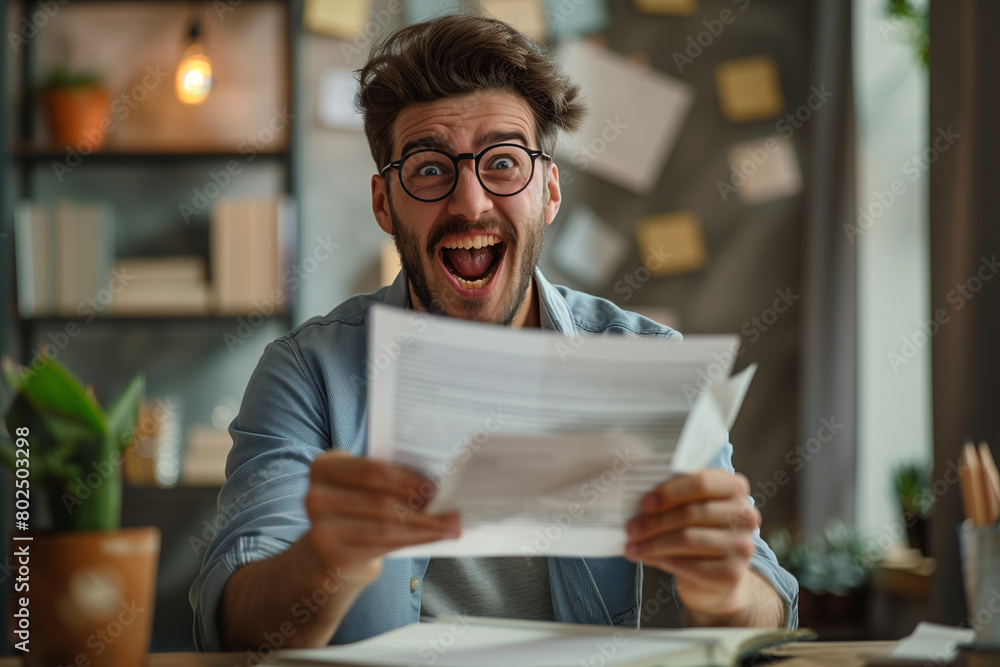 Man Laughing Holding Piece of Paper Man Laughing Holding Piece of Paper
