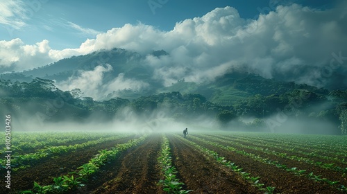 A man is walking through a field of green plants photo