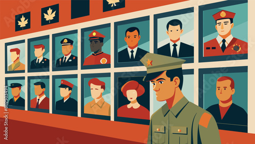 A wall of remembrance adorned with photographs of soldiers who lost their lives in battle. A moving tribute to those who made the ultimate sacrifice.. Vector illustration