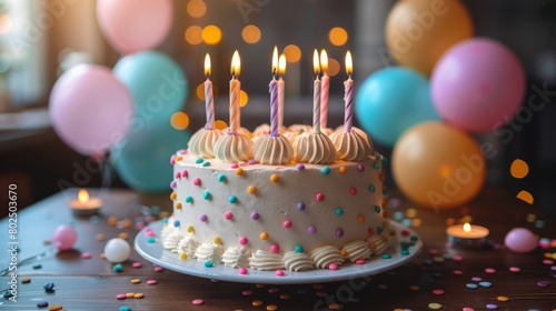 A cake with candles on it and pink balloons in the background