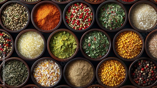 spice background, top view, seasoning in cups