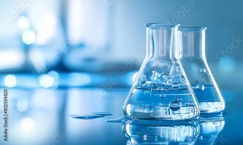 Water in beaker and flask glass in chemistry blue science laboratory background