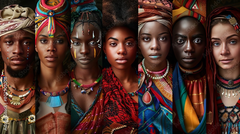 Vibrant Tapestry of Humanity: A montage of individuals from diverse backgrounds, capturing their unique expressions, attire, and cultural identities.