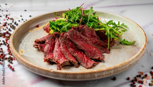 macro photo of sliced __beef garnished with greens in a plate on a white marble serving tabl photo