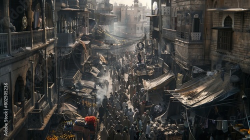Voices Lost in the Din of Society: A panoramic view of a bustling street, showcasing the stark contrast between the opulence and indifference of the privileged and the struggles of the impoverished.