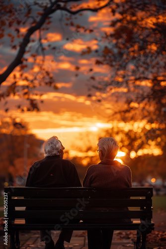 A heartwarming photograph of an elderly couple sitting on a park bench, gazing at a sunset together, symbolizing a lifetime of love and the enduring hope for peace.