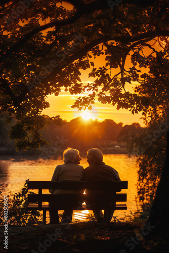 A heartwarming photograph of an elderly couple sitting on a park bench, gazing at a sunset together, symbolizing a lifetime of love and the enduring hope for peace.
