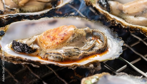 macro shot of grilled oysters with light smoke and hot coals photo