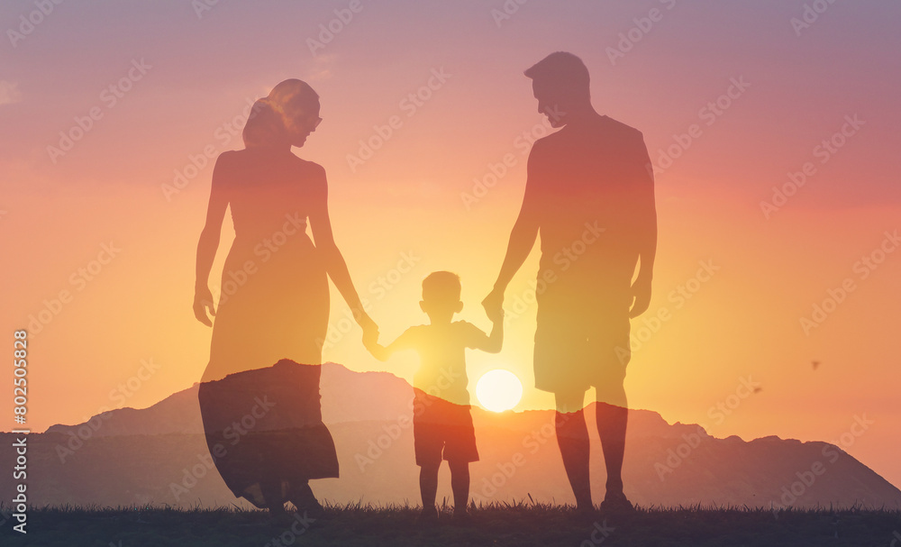 Happy family walking together outdoors, parenting, family bonding relationship concept 