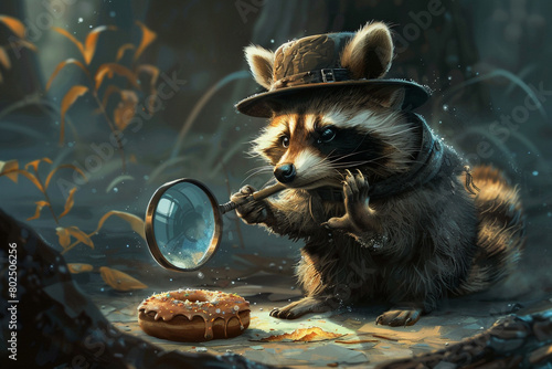 A raccoon wearing a detective hat and holding a magnifying glass, investigating a trail of donut crumbs. photo