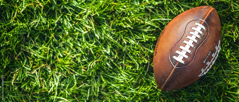 Obraz premium Ball for American football on fresh green field grass, top view. Space for text