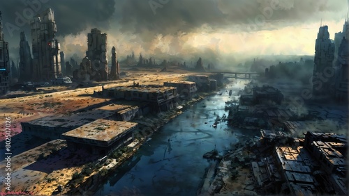 A deserted city overtaken by water and decay under a dramatic sky