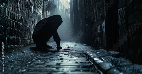 The Shadow of Despair: A haunting silhouette of a person hunched over in a dimly lit alleyway, portraying the psychological toll of living in poverty. photo