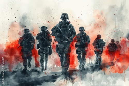 NATO modern Infantry soldiers Illustration. North Atlantic Alliance army watercolor paint Illustration. World army soldiers photo