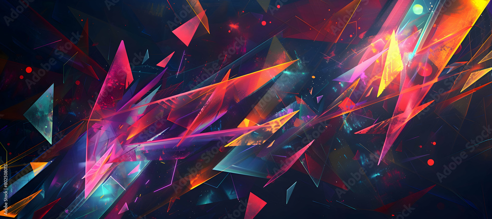 An image of a dynamic geometric composition featuring angular shapes and a vibrant clash of neon colors against a dark background, giving an electric feel An image of a dynamic geometric composition featuring angular shapes and a vibrant clash of neon colors against a dark background, giving an electric feel