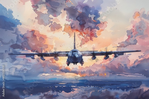 Military cargo plane. NATO Military cargo aircraft watercolor paint Illustration. North Atlantic Alliance Military transport aircraft