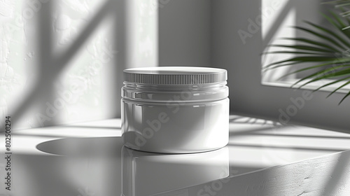White skin care jar on a white background, front view. Mockup of a cream, mask or other care product for women. (ID: 802508294)