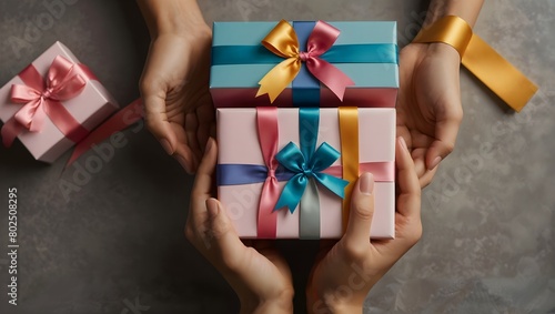 Gemeinsam schenken: Hände präsentieren farbenfrohe Geschenkboxen photo