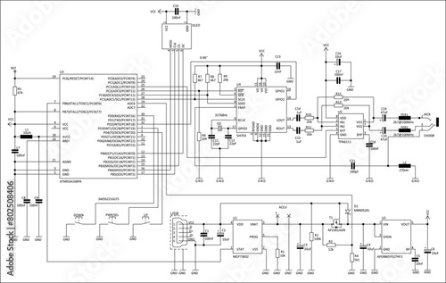 Schematic diagram of electronic device. Vector drawing electrical circuit with integrated circuit, usb, microcontroller, resistor, capacitor, other components on white background of paper sheet.