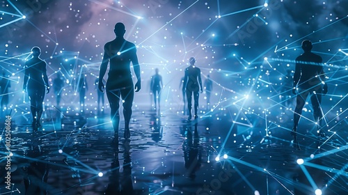 The Human Matrix: A futuristic scene featuring a group of workers connected by glowing lines, symbolizing the interconnectedness and interdependence within a team. photo