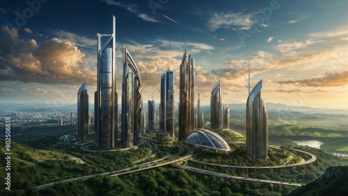 A modern cityscape featuring a highway cutting through tall skyscrapers and futuristic architecture photo