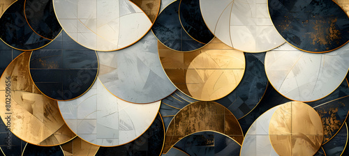 An image of a sophisticated geometric arrangement with overlapping circles and ellipses in metallic gold and black, suggesting elegance and luxury photo