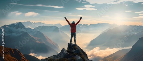 Traveler standing on top of a mountain with hands raised up , mission success and goal achieved, active tourism and mountain travel, concept success photo