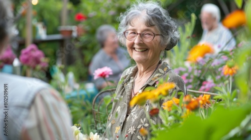 Joyful elderly woman smiling in blossoming garden © Irina.Pl