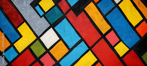 An image of a vibrant abstract with interlocking squares and rectangles in primary colors, resembling a playful puzzle