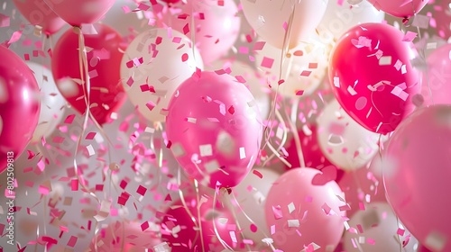 Pink and white celebration balloons with shimmering confetti background