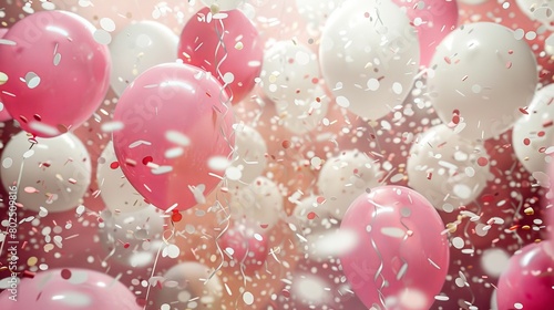 Vibrant pink and white balloons floating with confetti celebration