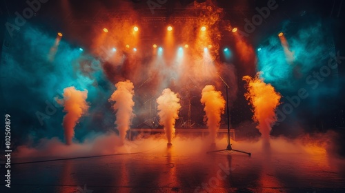 A captivating concert stage bathed in dramatic red and blue lights, with intense beams cutting through theatrical smoke..