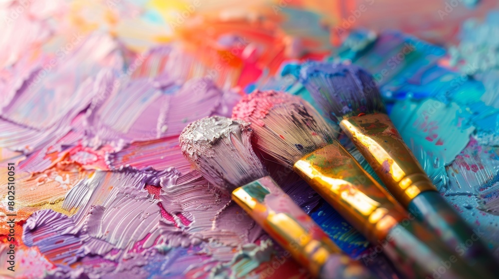 Vibrant oil paints and brushes on artist's palette Vibrant oil paints and brushes on artist's palette
