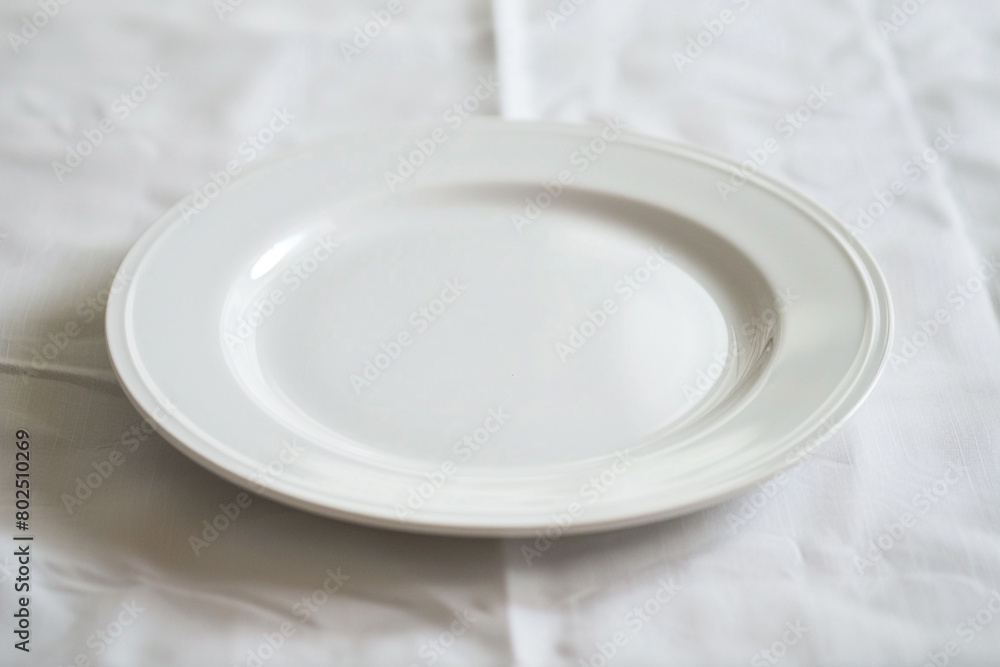 A plain white plate on a plain white tablecloth. A plain white plate on a plain white tablecloth.