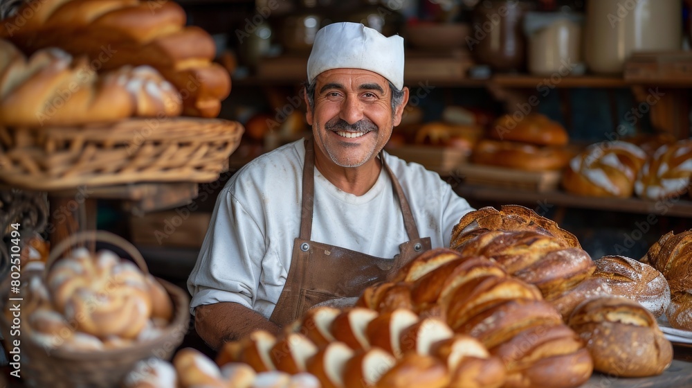 A smiling man stands in front of a bakery display of bread A smiling man stands in front of a bakery display of bread