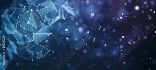 An image of intricate geometric layering with triangles and hexagons in deep blues and purples, resembling a night sky filled with stars