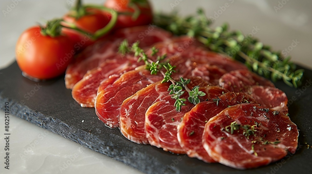 Cured meat, highlighting the marbling and rich flavor. AI generate illustration