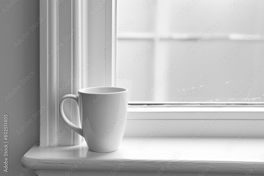 A plain white mug on a plain white windowsill.